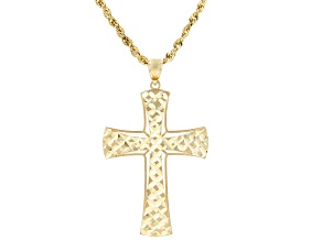 10k Yellow Gold Diamond-Cut Domed Cross Pendant Rope Link 22 Inch Necklace