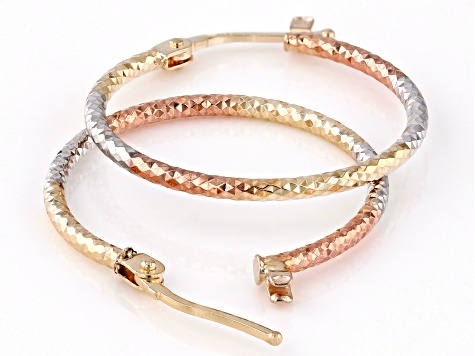 14k Yellow Gold Tri-Color 15/16" Diamond-Cut Hoop Earrings