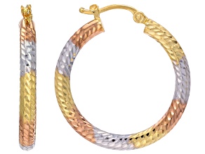 10k Yellow, White and Rose Gold Tri-Color Diamond Cut Hoop Earrings