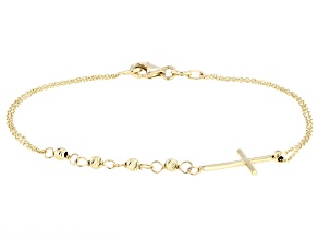 14k Yellow Gold Diamond Cut Bead with Cross Bracelet