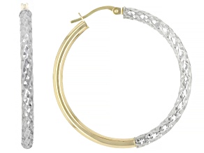 10k Yellow Gold and 10k White Gold 1.40" Diamond Cut Two-Tone Hoop Earrings
