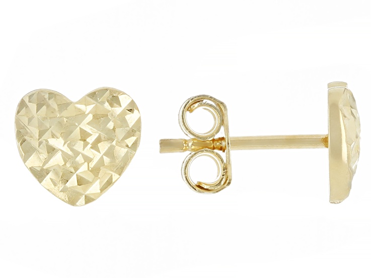 14k Yellow Gold Diamond Cut Heart Stud Earrings