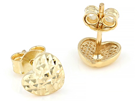 14k Yellow Gold Diamond Cut Heart Stud Earrings