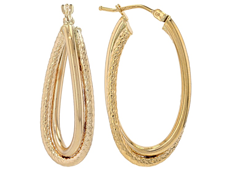 14k Yellow Gold Polished & Diamond Cut Intertwined Oval Hoop Earrings