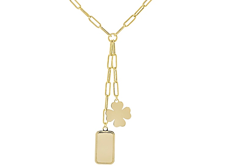 14k Yellow Gold Clover and Dog Tag 17" Paperclip Necklace