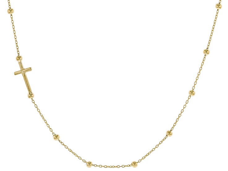 14k Yellow Gold Cross And 2.2mm Bead Station 18 Inch Necklace