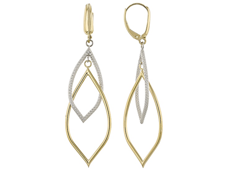 14k Yellow Gold With Rhodium Over 14K Gold Diamond Cut Dangle Earrings
