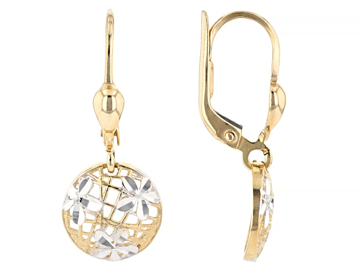 14K Yellow Gold & Rhodium Over 14K Yellow Gold Diamond Cut Round Flower Dangle Earrings