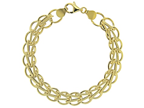 9ct yellow gold multi-set fancy link charm bracelet. Fully