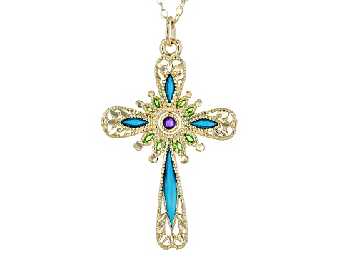 14k Yellow Gold Enamel Cross 18