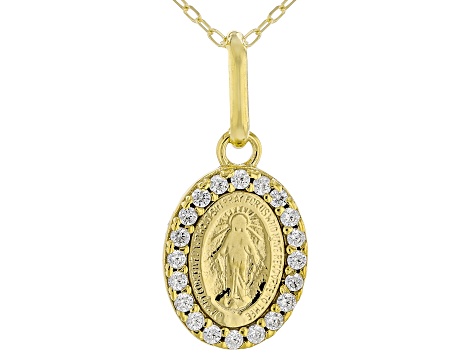 Cubic Zirconia 10k Yellow Gold Holy Mary Sparkle Pendant with Chain 0.10ctw