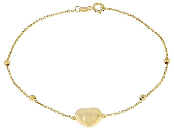 10k Yellow Gold Puffy Heart 2.5mm Beaded Bracelet