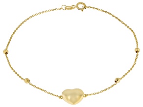 10k Yellow Gold Puffy Heart 2.5mm Beaded Bracelet