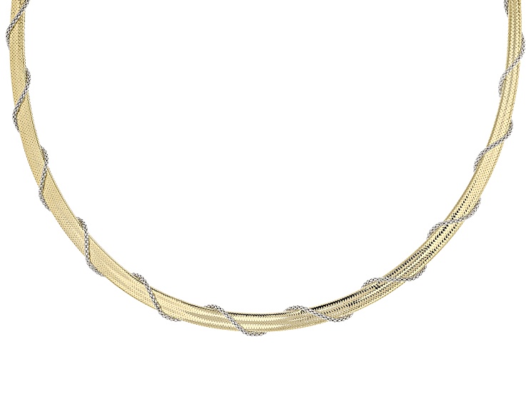 10k Yellow Gold Mesh Omega Necklace with Rhodium Plated Wrapped Popcorn