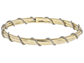10k Yellow Gold Mesh Omega Stretch Bracelet with Rhodium Plated Popcorn
