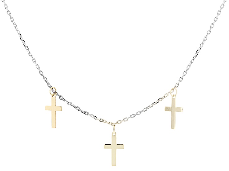10K Yellow Gold & Rhodium Over Sterling Silver Cross Station Necklace