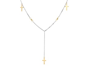 10K Yellow Gold & Rhodium Over Sterling Silver Cross & Bead Station Necklace