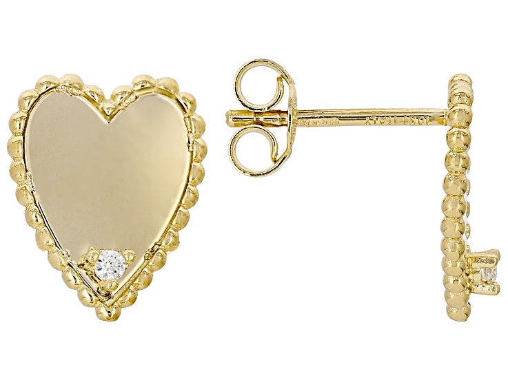 White Cubic Zirconia 10K Yellow Gold Heart Earrings 0.10ctw