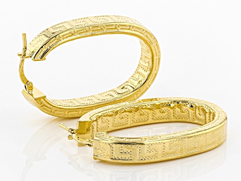 18k Yellow Gold Over Bronze Oval Greek Key Hoop Earrings