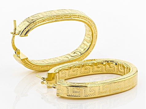 9CT YELLOW GOLD & SILVER GREEK KEY LADIES OVAL CREOLE HOOP EARRINGS