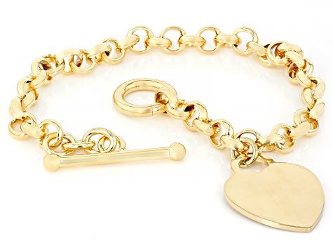 18k Yellow Gold Over Bronze Rolo Link Toggle Clasp Heart Bracelet