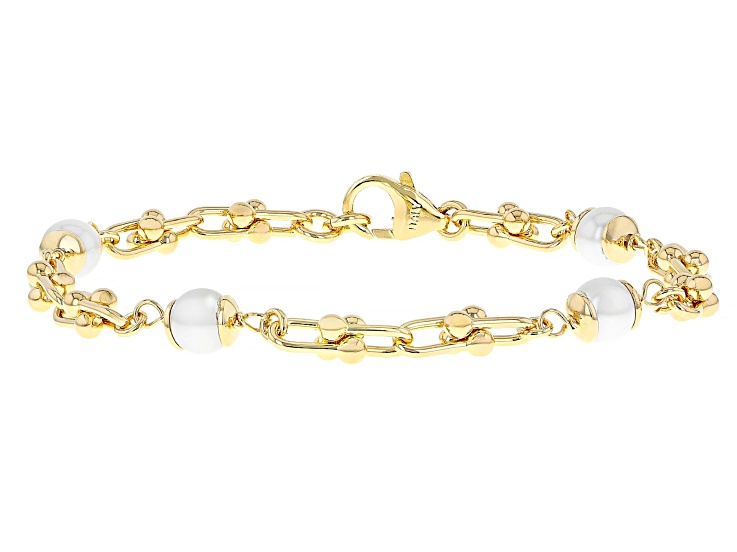 18k Yellow Gold Over Bronze 6mm Pearl Simulant Stirrup Briglia Bracelet