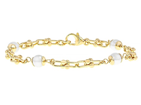 18k Yellow Gold Over Bronze 6mm Pearl Simulant Stirrup Briglia Bracelet