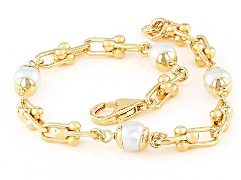18k Yellow Gold Over Bronze 6mm Pearl Simulant Stirrup Briglia Bracelet