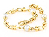 18k Yellow Gold Over Bronze 6mm Pearl Simulant Stirrup Briglia Bracelet
