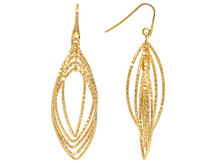 18k Yellow Gold Over Bronze Diamond Cut Marquise Dangle Earrings