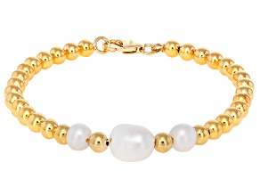 18k Yellow Gold Over Bronze 6-8mm Pearl Simulant and 3mm Bead Station Bracelet