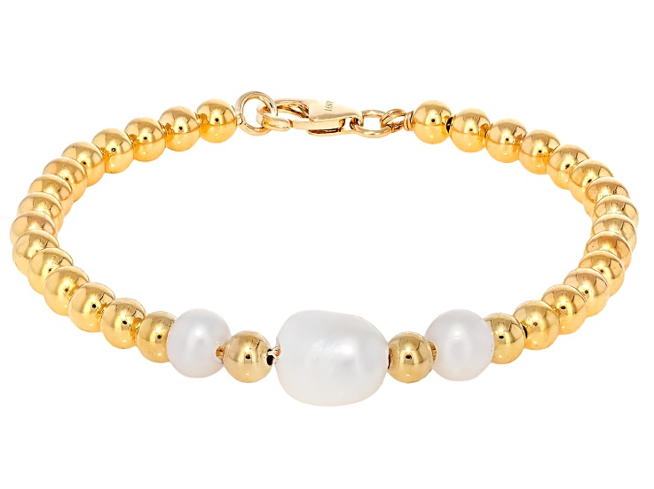 18k Yellow Gold Over Bronze 6-8mm Pearl Simulant and 3mm Bead Station Bracelet