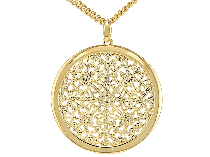 18k Yellow Gold Over Bronze Filigree Medallion 25" Necklace