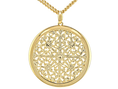 18k Yellow Gold Over Bronze Filigree Medallion 25" Necklace