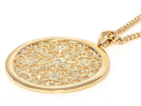 18k Yellow Gold Over Bronze Filigree Medallion 25" Necklace