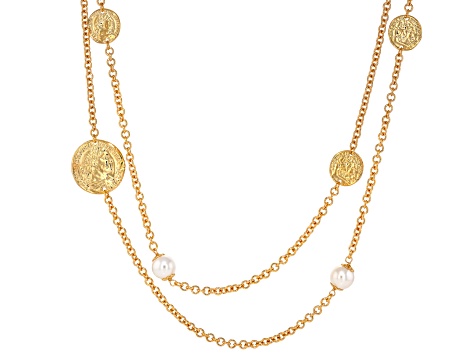 18k Yellow Gold Over Bronze Faux Coin and 10mm Simulated Pearl Station 30" Necklace