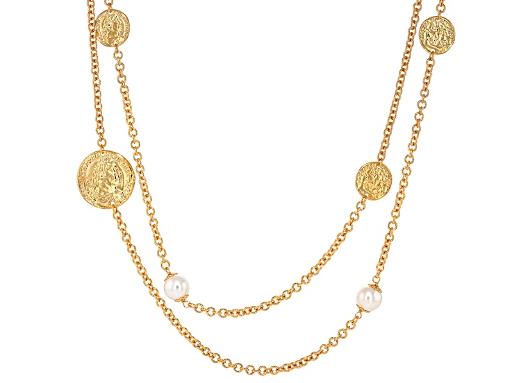 18k Yellow Gold Over Bronze Faux Coin and 10mm Simulated Pearl Station 30" Necklace
