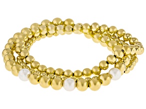 18k Yellow Gold Over Bronze 4-6mm Bead and Pearl Simulant Stretch Bracelet Set