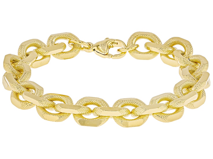 18k Yellow Gold Over Bronze Textured Beveled Curb Bracelet. Made