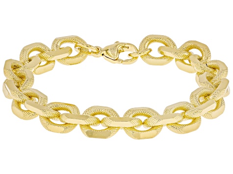 18k Yellow Gold Over Bronze Textured Beveled Curb Bracelet. Made