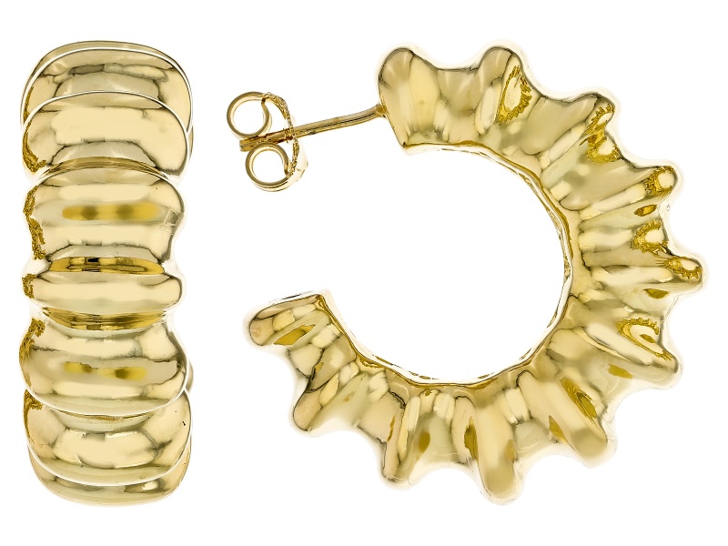 18k Yellow Gold Over Bronze Scalloped J-Hoop Earrings