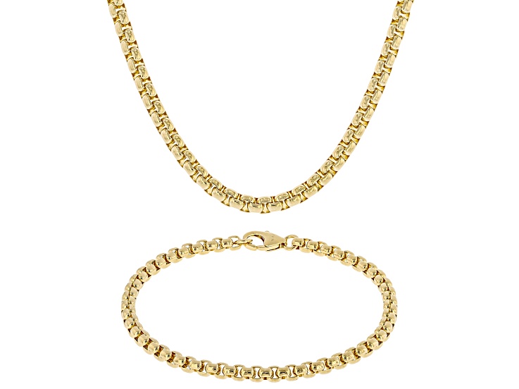 18k Yellow Gold Over Bronze 4mm Box 20" Necklace and Bracelet Set of 2
