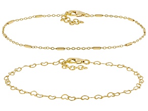 18k Yellow Gold Over Bronze 1.5mm Bar and 3.3mm Heart Station Anklet Set of 2