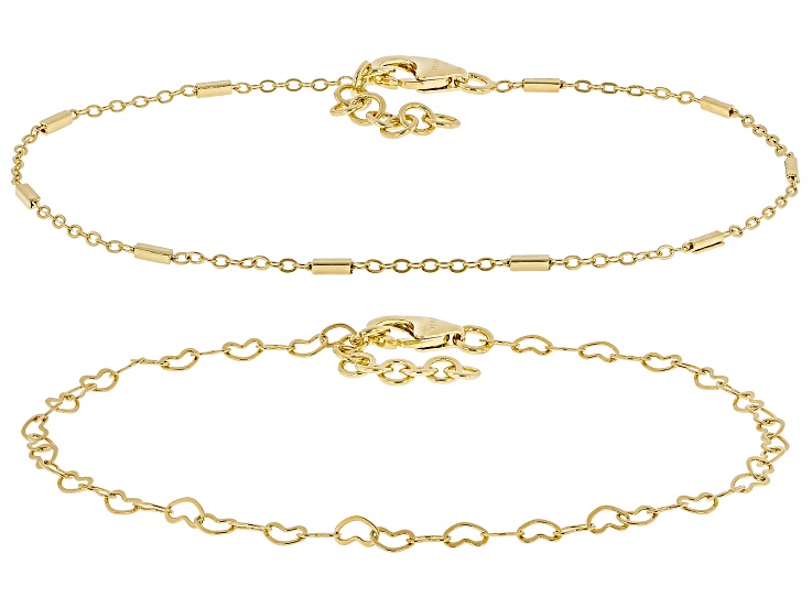 18k Yellow Gold Over Bronze 1.5mm Bar and 3.3mm Heart Station Anklet Set of 2
