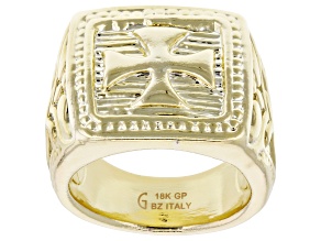 18k Yellow Gold Over Bronze Signet Cross Ring