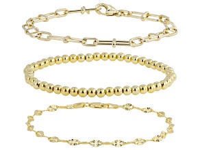 18k Yellow Gold Over Bronze Paperclip, Sunburst and Bead Bracelet Set of 3