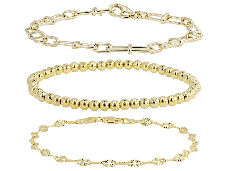 18k Yellow Gold Over Bronze Paperclip, Sunburst and Bead Bracelet Set of 3