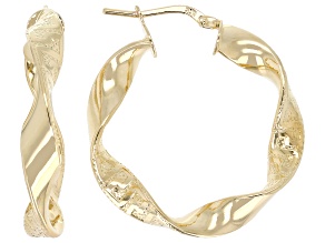 18K Yellow Gold Over Bronze Polished & Diamond Cut Twisted Greek Key Hoop Earrings