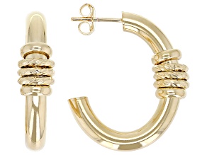 18K Yellow Gold Over Bronze Polished & Diamond Cut Wrapped J Hoop Earrings