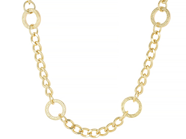 18K Yellow Gold Over Bronze Greek Key Curb Link 20 Inch Station Necklace